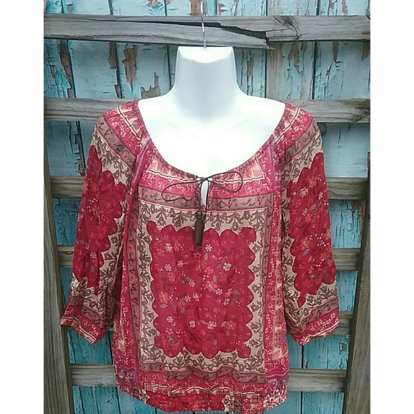 Sonoma Tops - Sonoma Boho Fall Peasant Print Tassel Blouse M